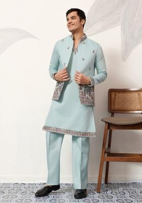 Pista Embroidered Silk Kurta Set For Men