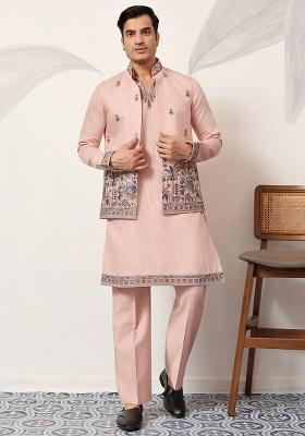 Peach Embroidered Silk Kurta Set For Men