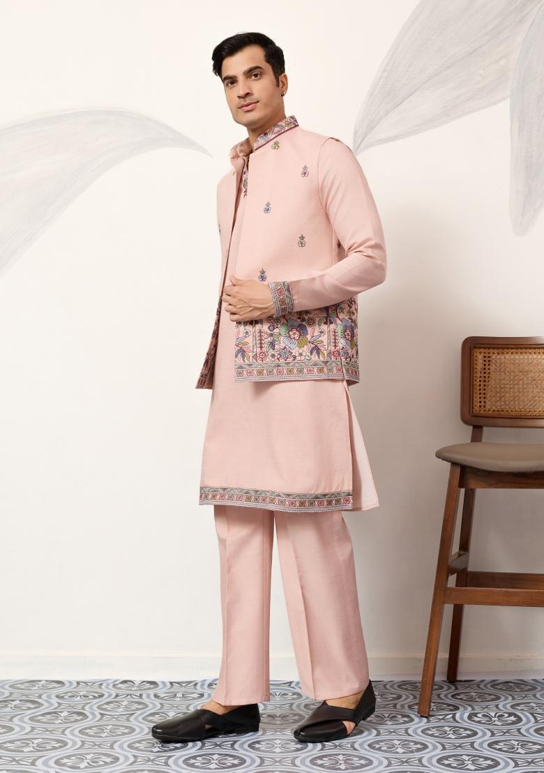 Peach Embroidered Silk Kurta Set For Men - Indya
