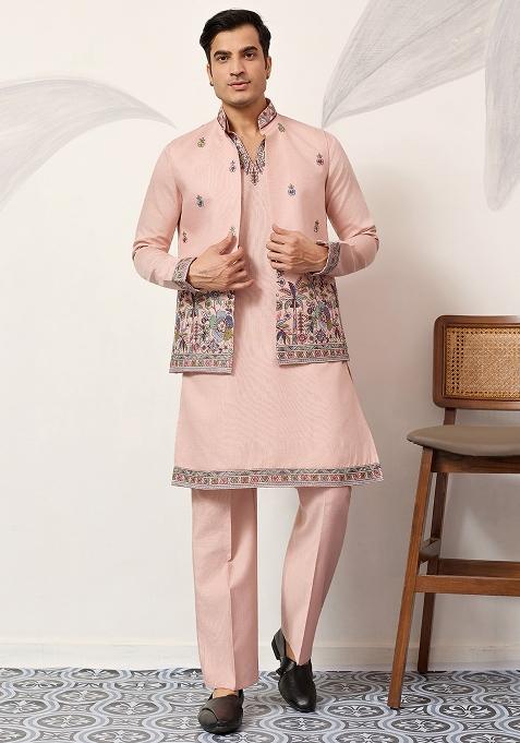 Peach Embroidered Silk Kurta Set For Men