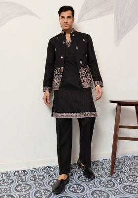 Black Embroidered Silk Kurta Set For Men