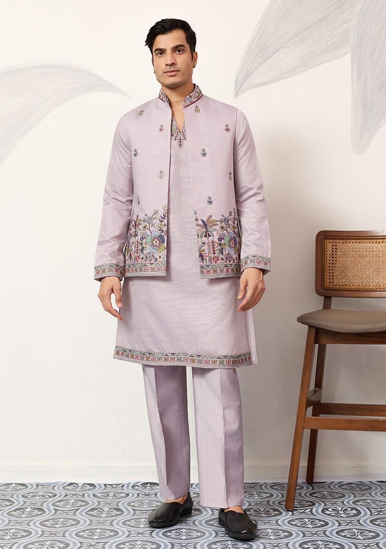 Dusty Lavender Embroidered Silk Kurta Set For Men - Indya