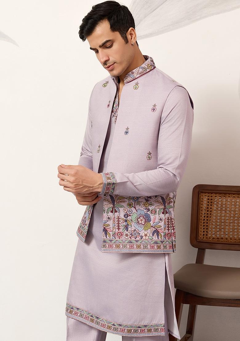 Dusty Lavender Embroidered Silk Kurta Set For Men - Indya