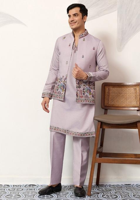 Dusty Lavender Embroidered Silk Kurta Set For Men