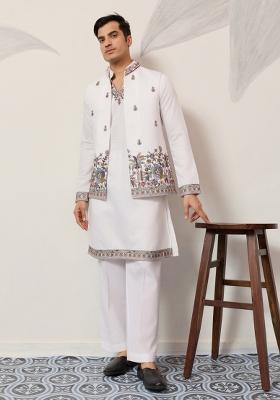 White Embroidered Silk Kurta Set For Men