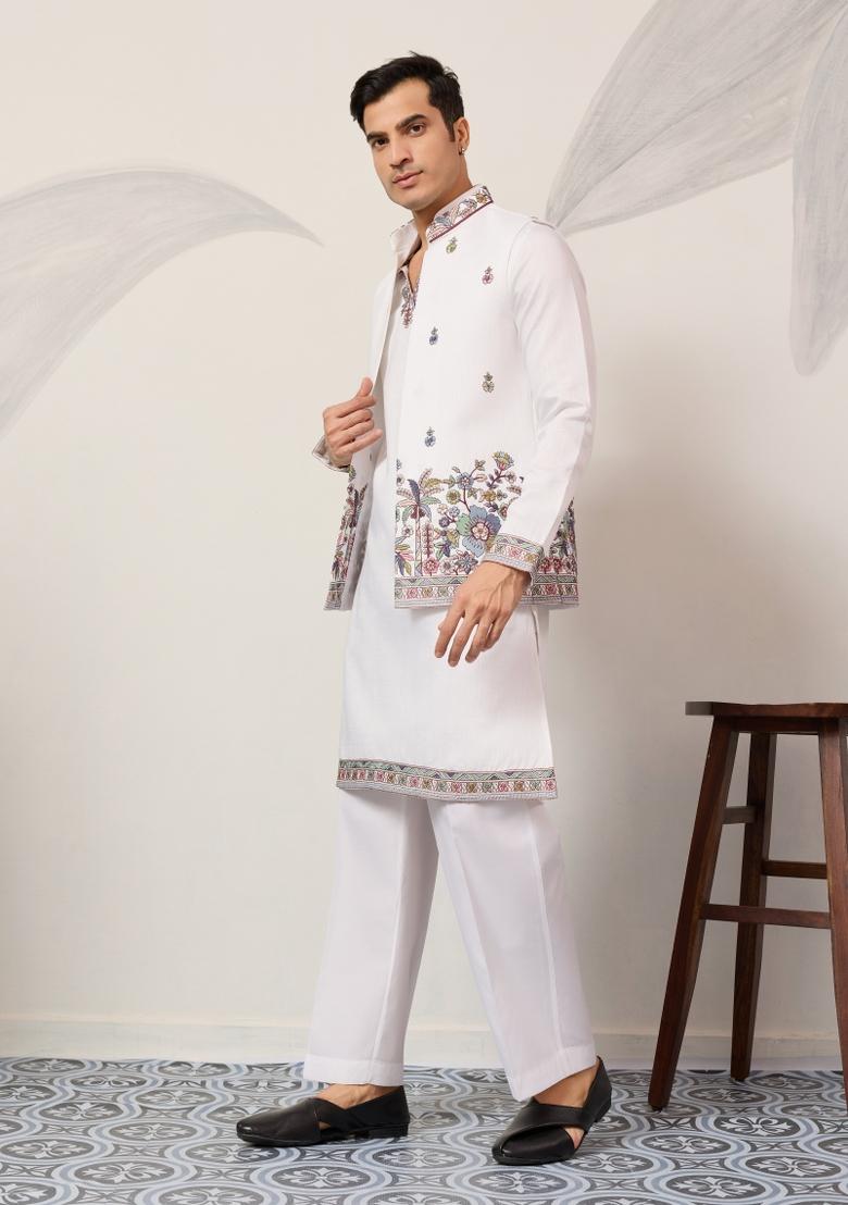 White Embroidered Silk Kurta Set For Men - Indya