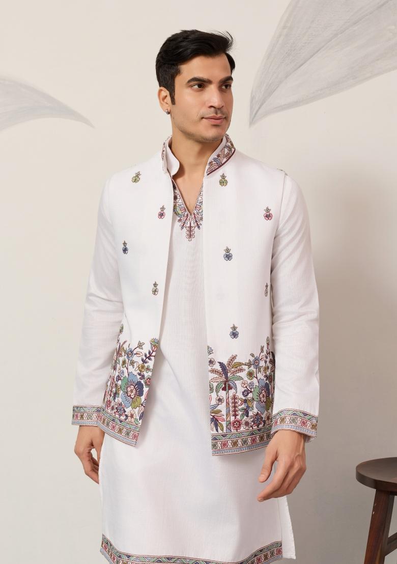 White Embroidered Silk Kurta Set For Men - Indya