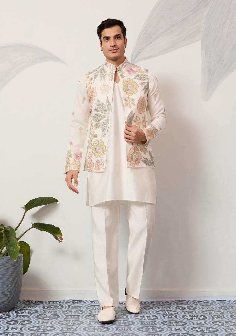 White Embroidered Silk Kurta Set For Men - Indya