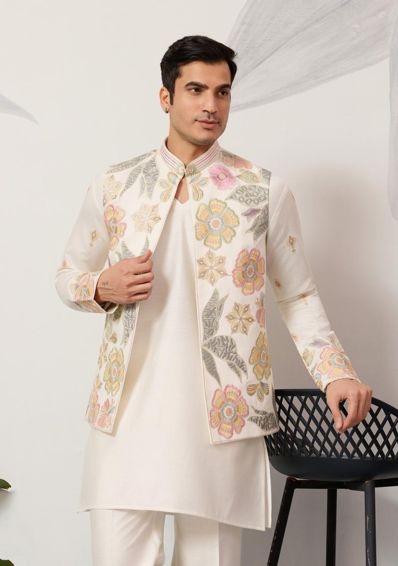 White Embroidered Silk Kurta Set For Men - Indya