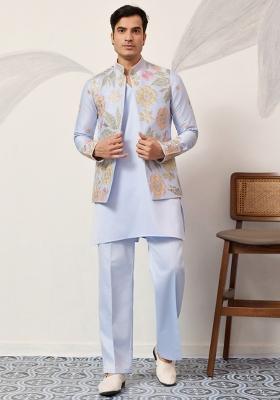 Sky Blue Embroidered Silk Kurta Set For Men