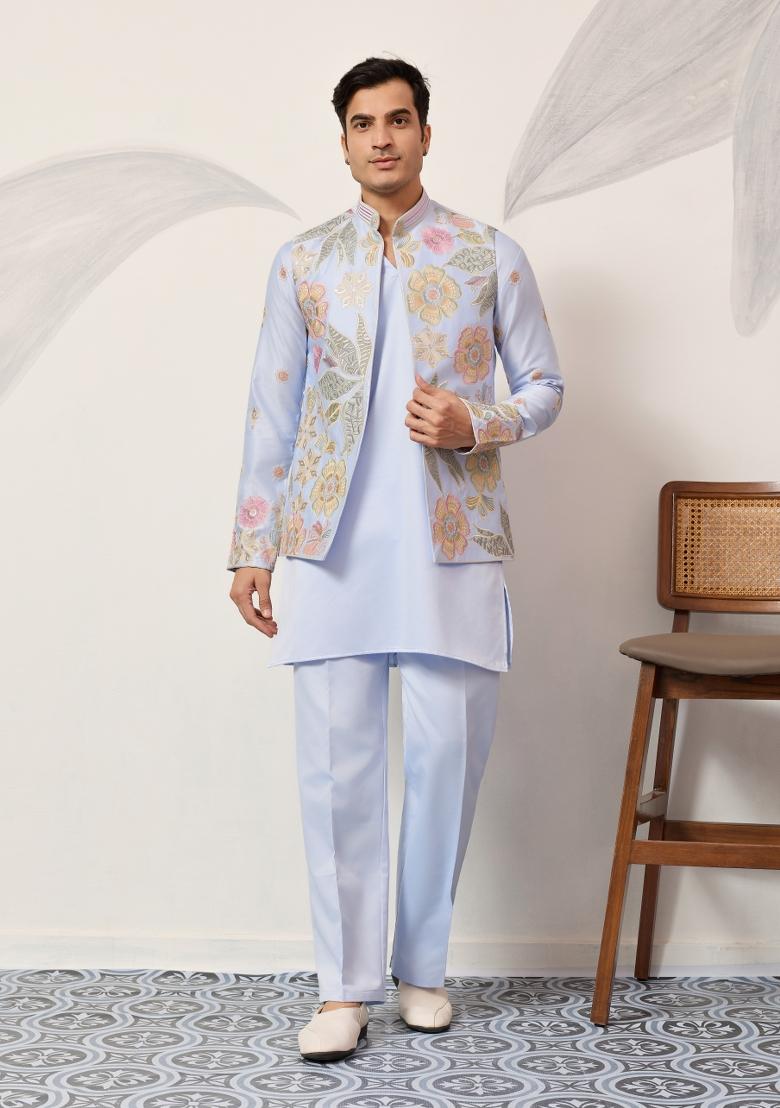 Sky Blue Embroidered Silk Kurta Set For Men - Indya