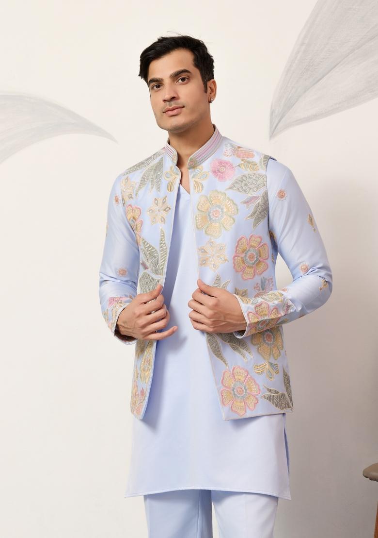 Sky Blue Embroidered Silk Kurta Set For Men - Indya