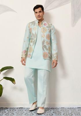 Pista Green Embroidered Silk Kurta Set For Men