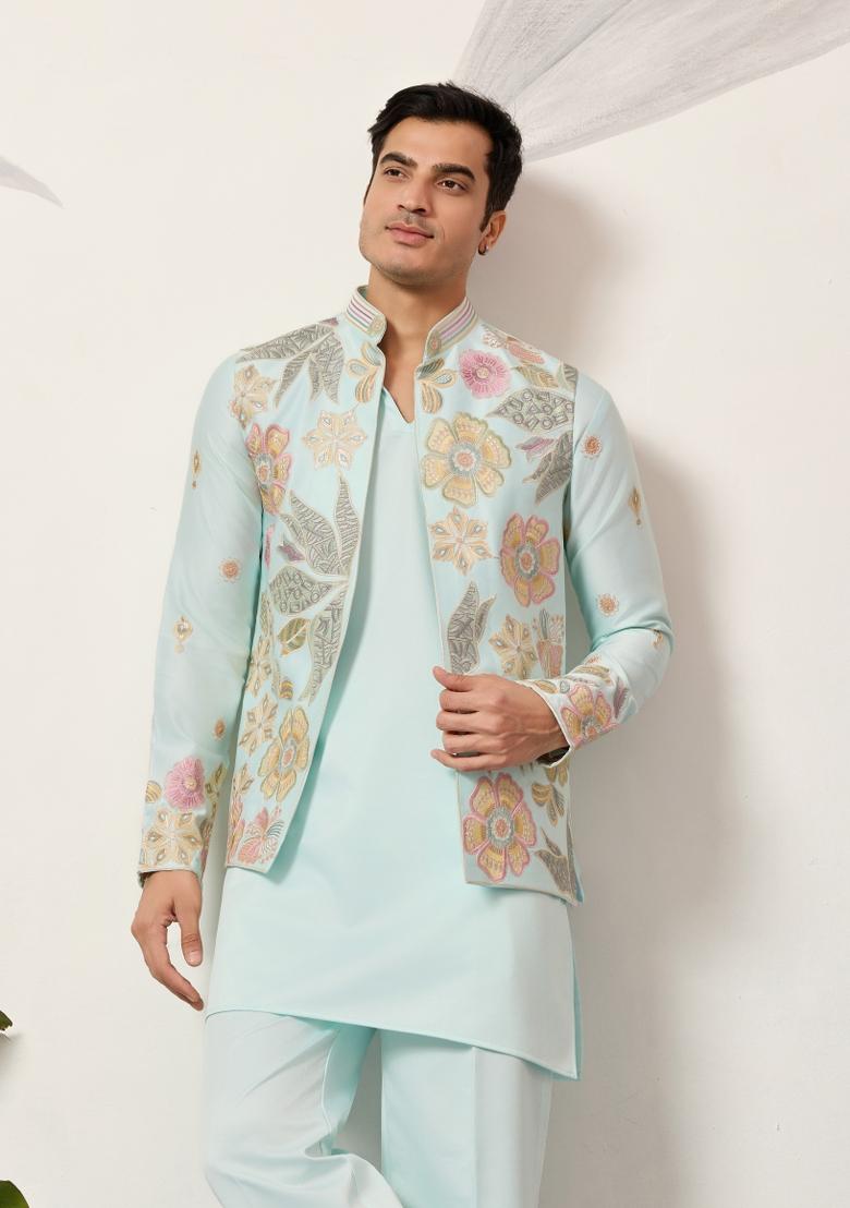 Pista Green Embroidered Silk Kurta Set For Men - Indya
