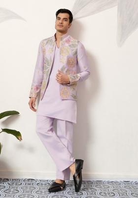 Pink Embroidered Silk Kurta Set For Men