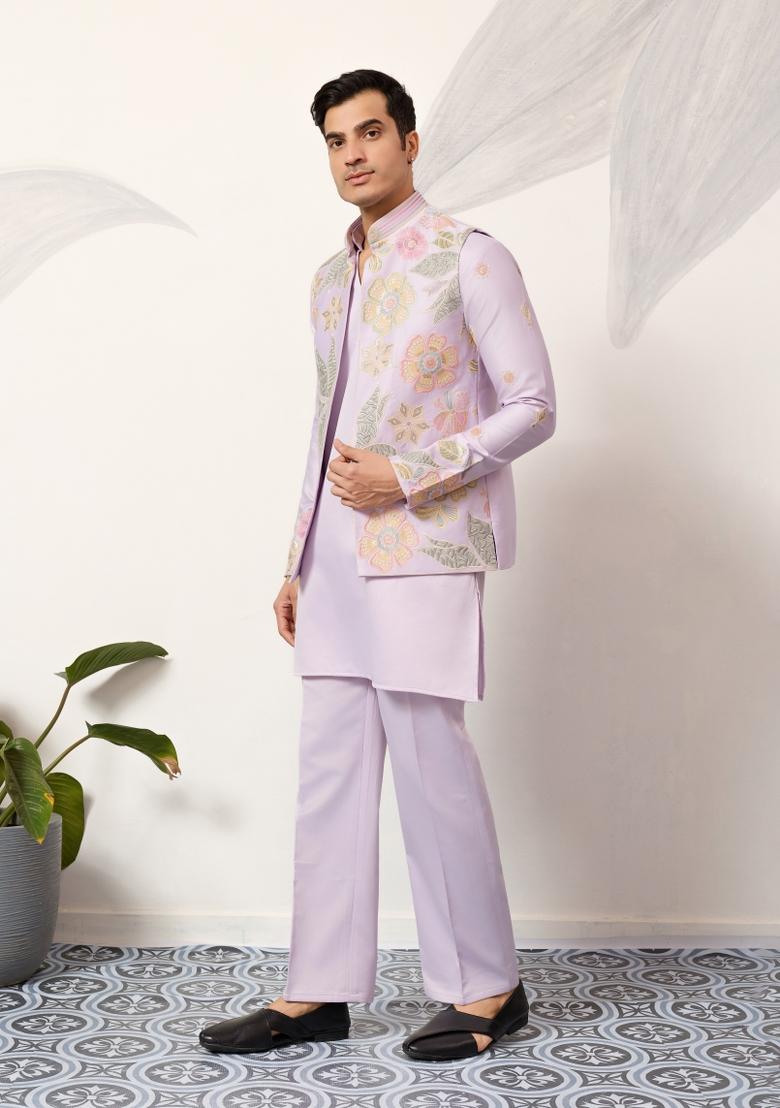 Pink Embroidered Silk Kurta Set For Men - Indya