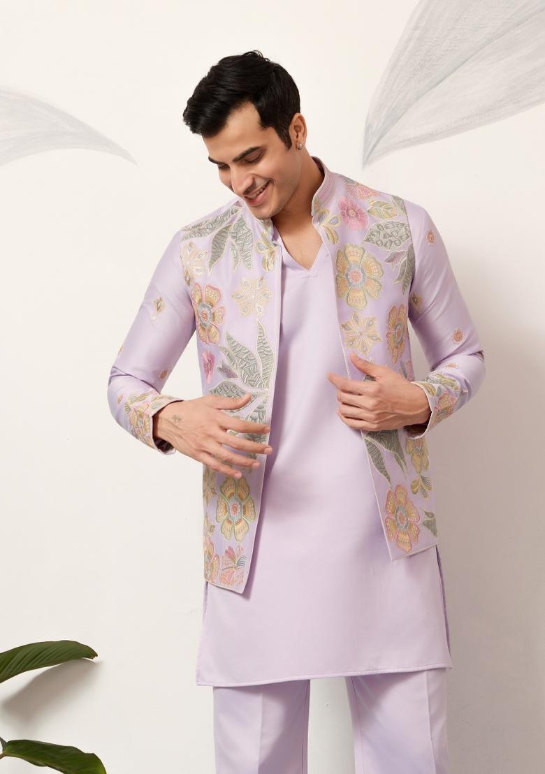 Pink Embroidered Silk Kurta Set For Men - Indya