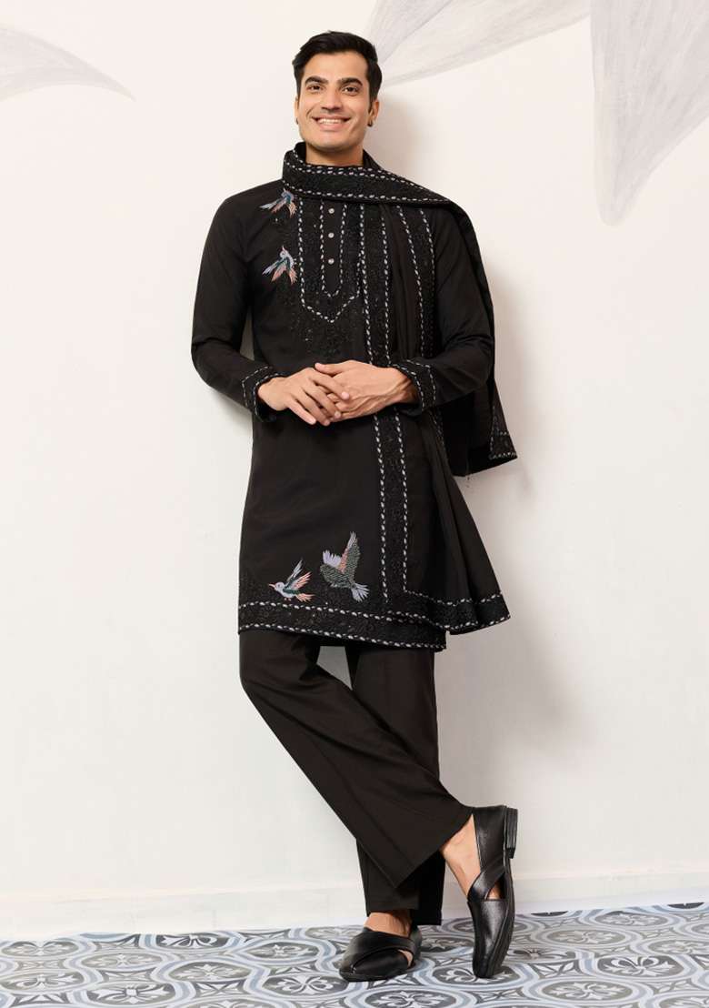 Black Embroidered Silk Blend Kurta Set For Men - Indya