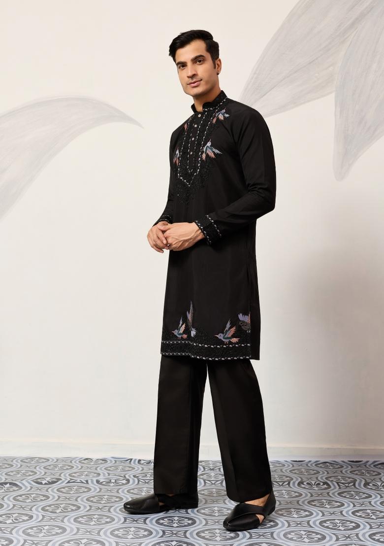 Black Embroidered Silk Kurta Set For Men - Indya
