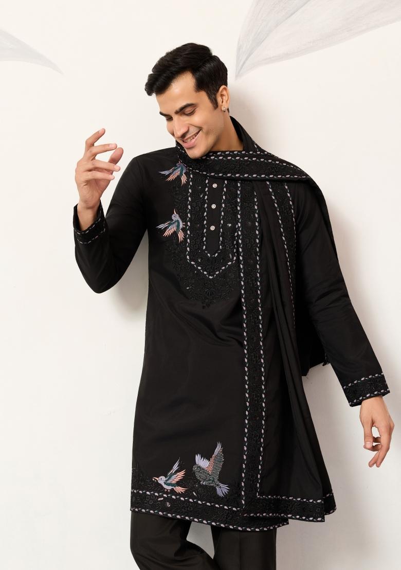 Black Embroidered Silk Kurta Set For Men - Indya