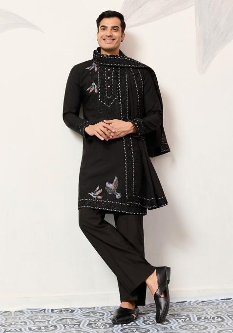 Black Embroidered Silk Blend Kurta Set For Men