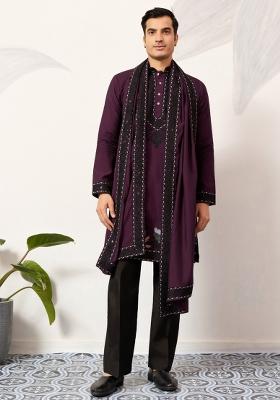 Purple Embroidered Silk Kurta Set For Men