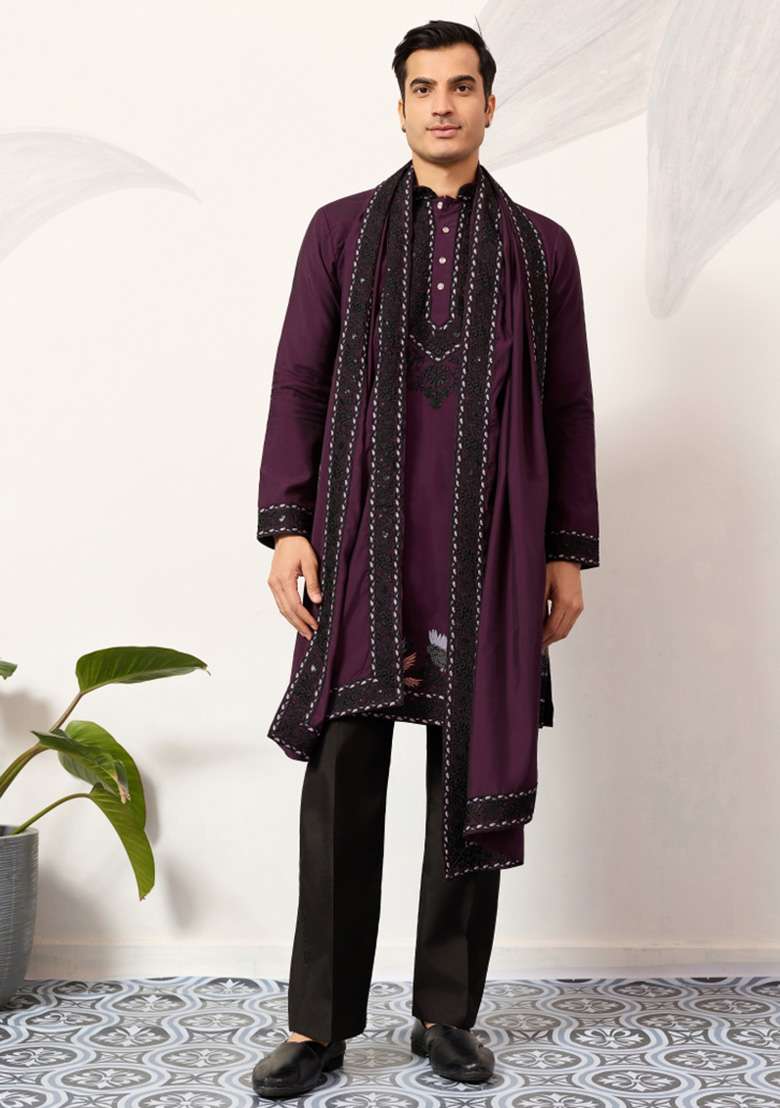 Purple Embroidered Silk Blend Kurta Set For Men - Indya