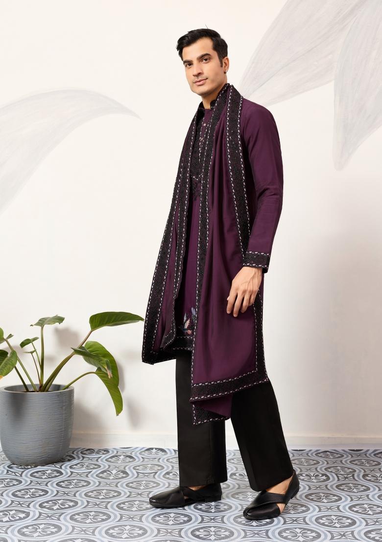 Purple Embroidered Silk Kurta Set For Men - Indya