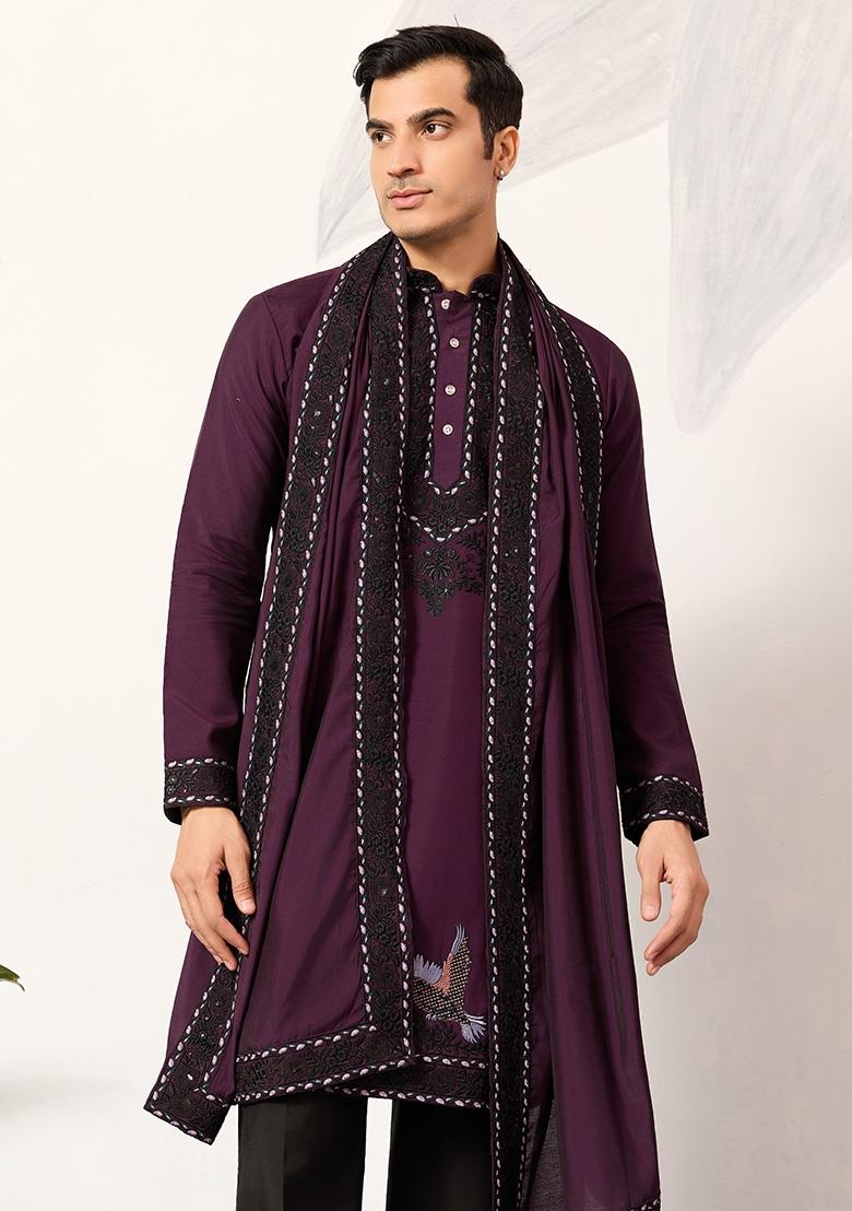 Purple Embroidered Silk Kurta Set For Men - Indya