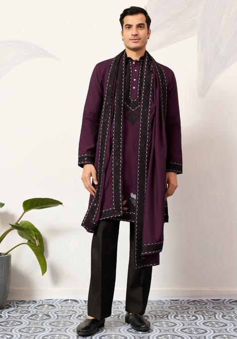 Purple Embroidered Silk Kurta Set For Men