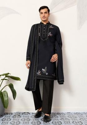 Navy Blue Embroidered Silk Kurta Set For Men
