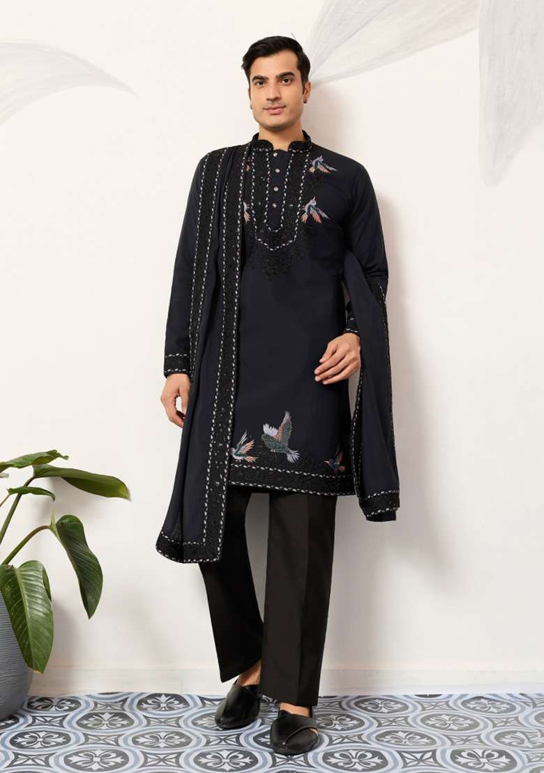 Navy Blue Embroidered Silk Blend Kurta Set For Men - Indya