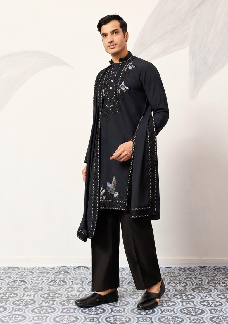 Navy Blue Embroidered Silk Kurta Set For Men - Indya