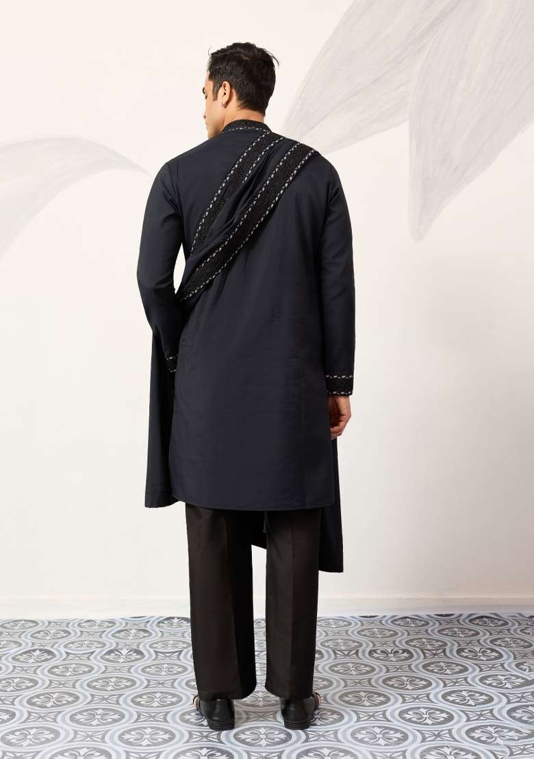 Navy Blue Embroidered Silk Blend Kurta Set For Men - Indya