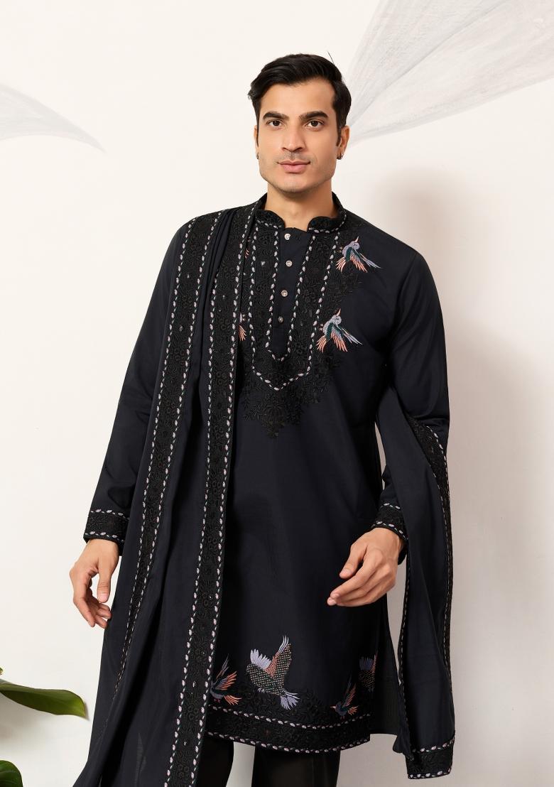 Navy Blue Embroidered Silk Kurta Set For Men - Indya