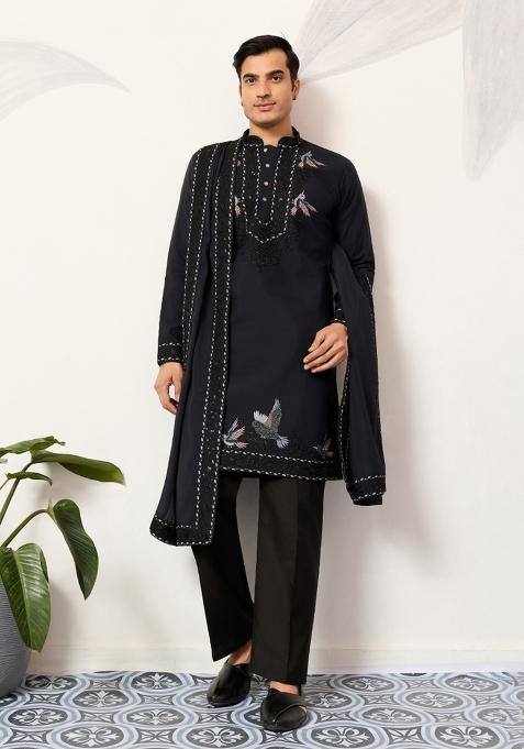 Navy Blue Embroidered Silk Blend Kurta Set For Men