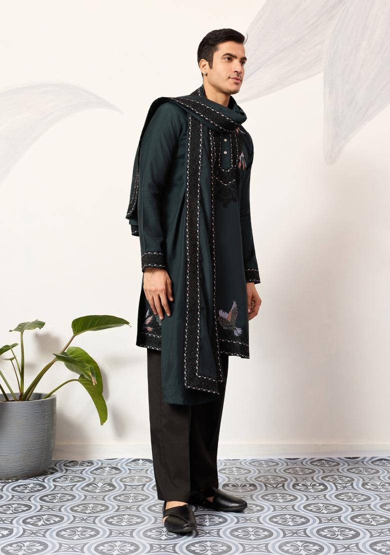 Green Embroidered Silk Kurta Set For Men - Indya