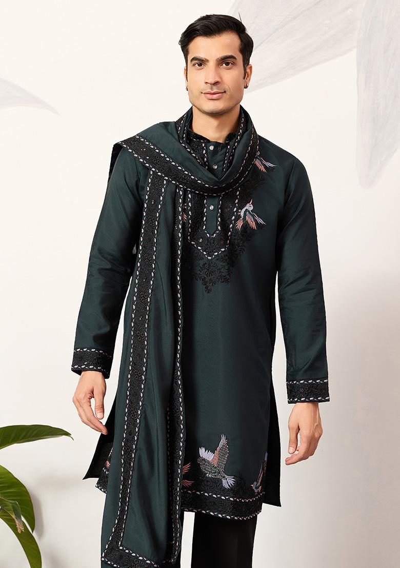 Green Embroidered Silk Kurta Set For Men - Indya