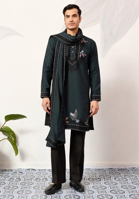 Green Embroidered Silk Blend Kurta Set For Men