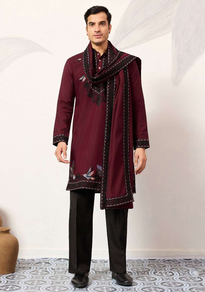 Maroon Embroidered Silk Blend Kurta Set For Men - Indya