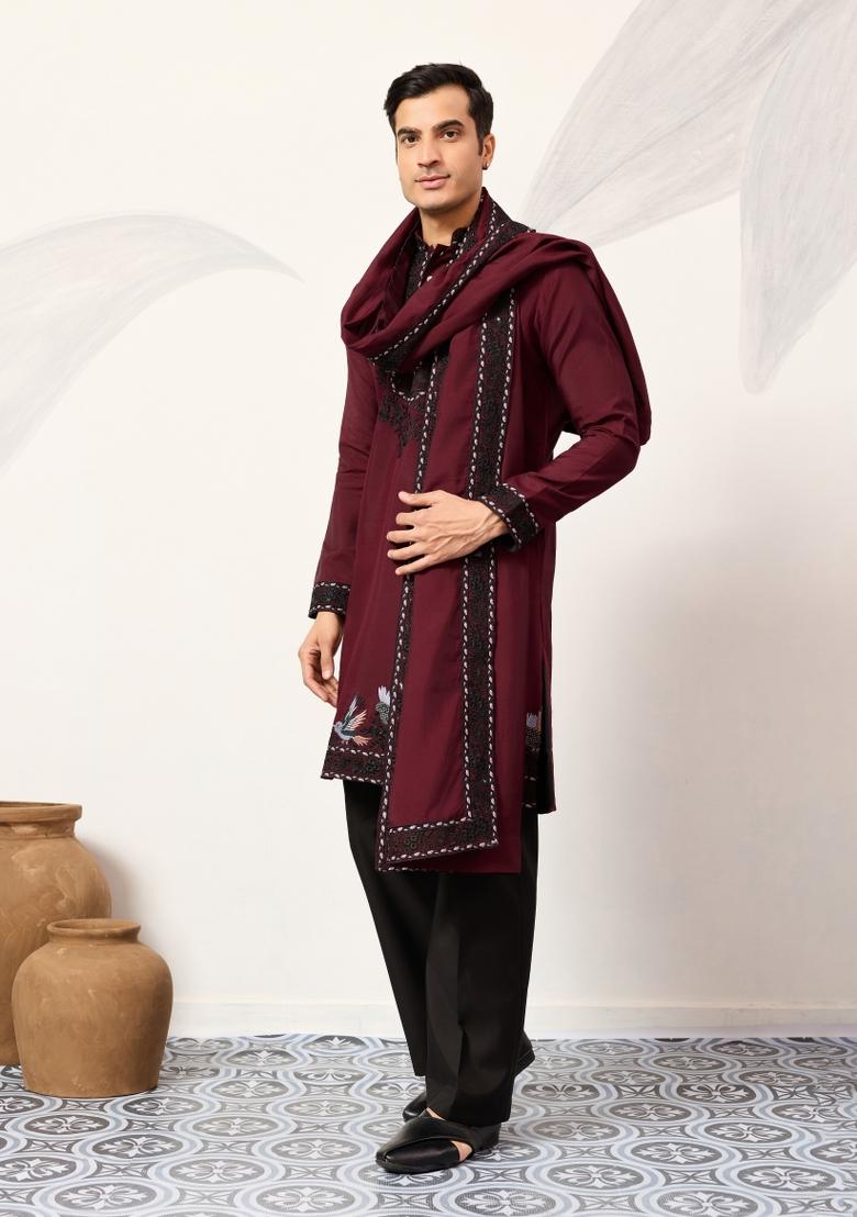 Maroon Embroidered Silk Kurta Set For Men - Indya