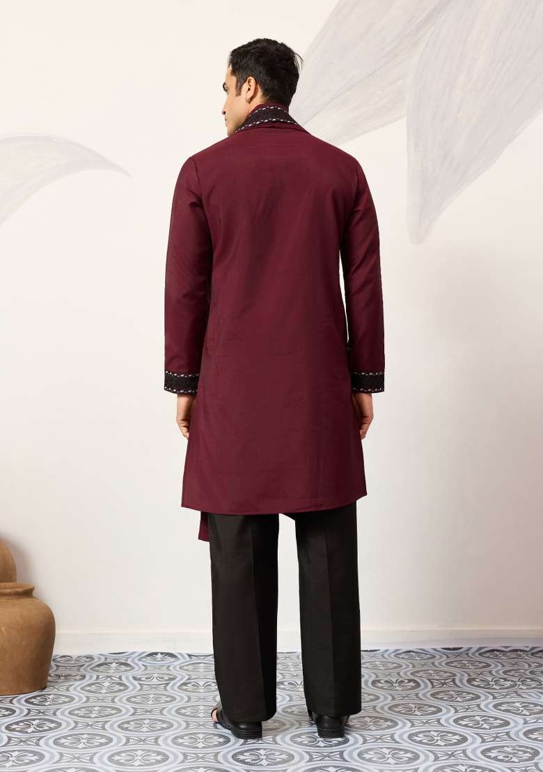 Maroon Embroidered Silk Blend Kurta Set For Men - Indya