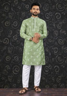 Green Embroidered Silk Kurta Set For Men