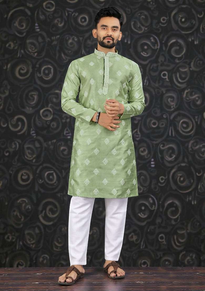 Green Embroidered Silk Kurta Set For Men - Indya