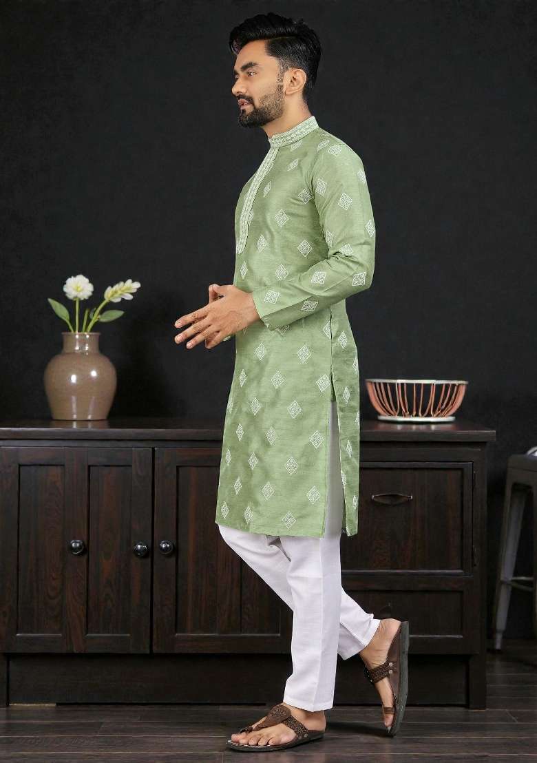 Green Embroidered Silk Kurta Set For Men - Indya