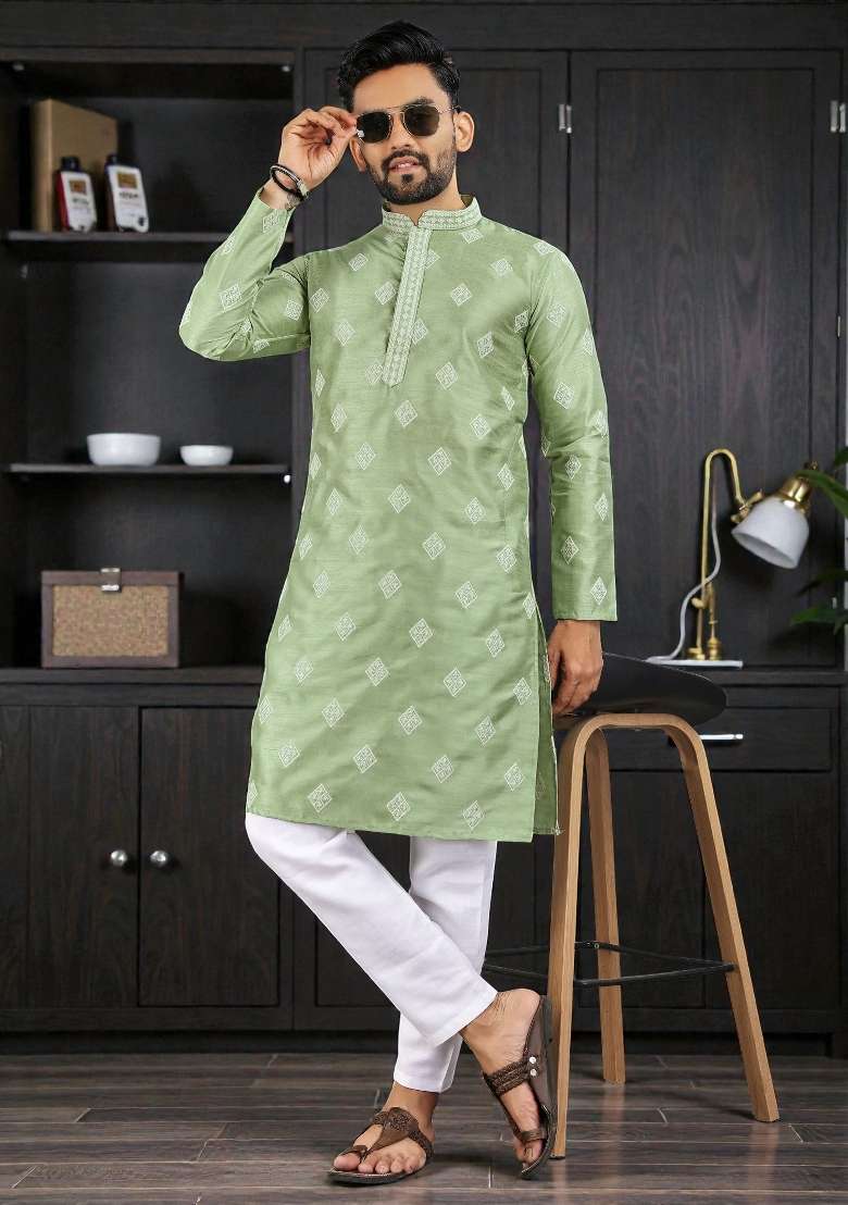 Green Embroidered Silk Kurta Set For Men - Indya