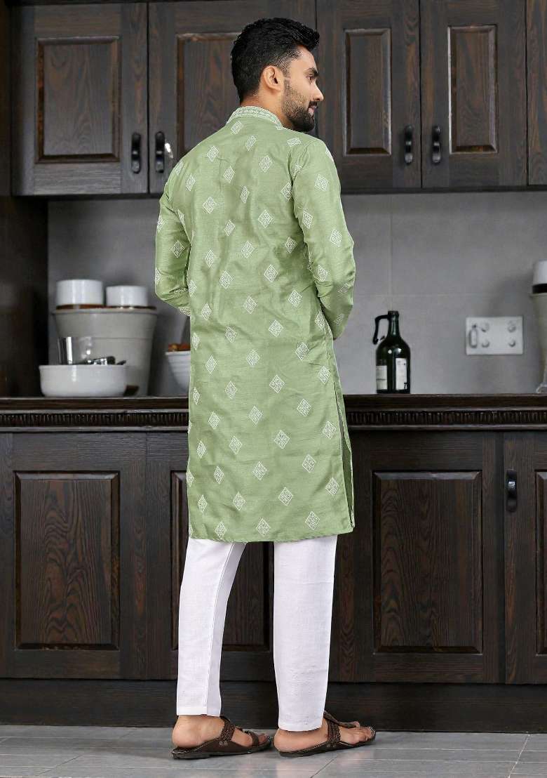 Green Embroidered Silk Kurta Set For Men - Indya