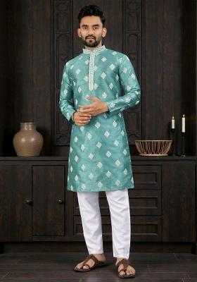 Sky Blue Embroidered Silk Kurta Set For Men