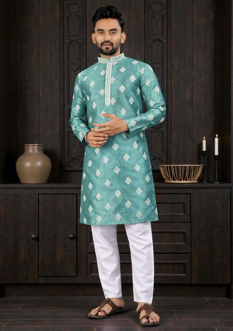 Sky Blue Embroidered Silk Kurta Set For Men - Indya