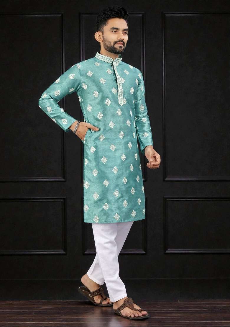 Sky Blue Embroidered Silk Kurta Set For Men - Indya